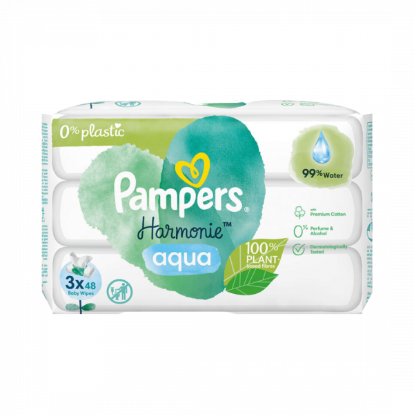 Pampers Feuchttücher Harmonie Aqua, 0 % plastic, Nachfüllpackung, 3 Packungen mit jeweils 48 Stück